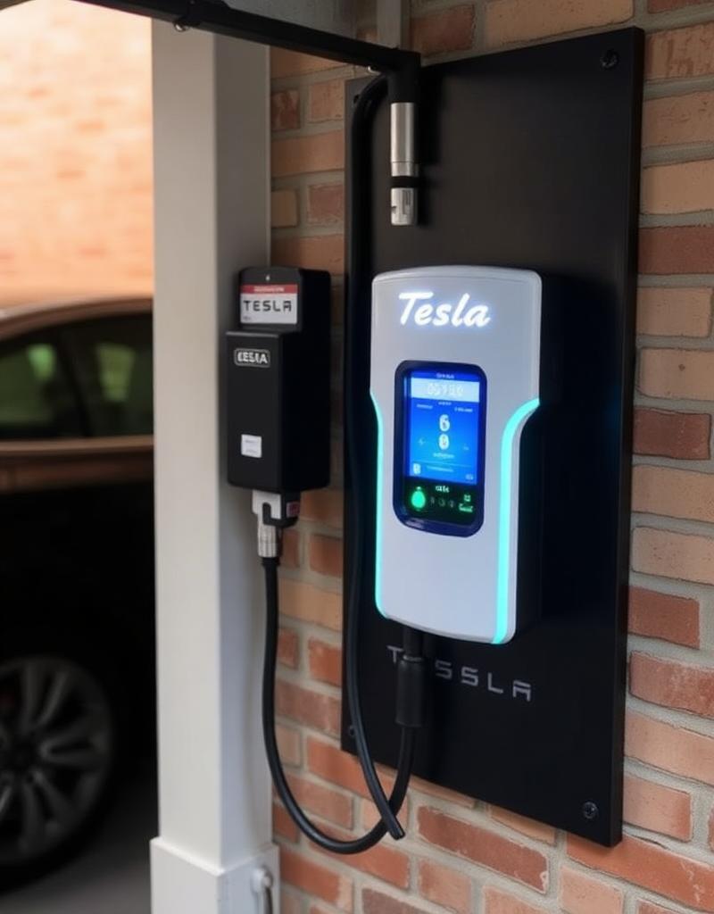 Tesla EV charger installation in brownstone garage